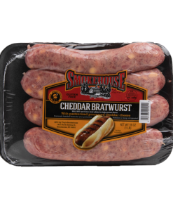 Image of the 16 oz Trig's Smokehouse Cheddar Bratwurst package