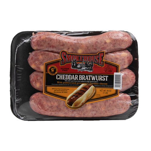 Image of the 16 oz Trig's Smokehouse Cheddar Bratwurst package
