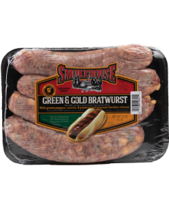Image of the 16 oz Trig's Smokehouse Green and Gold Bratwurst package