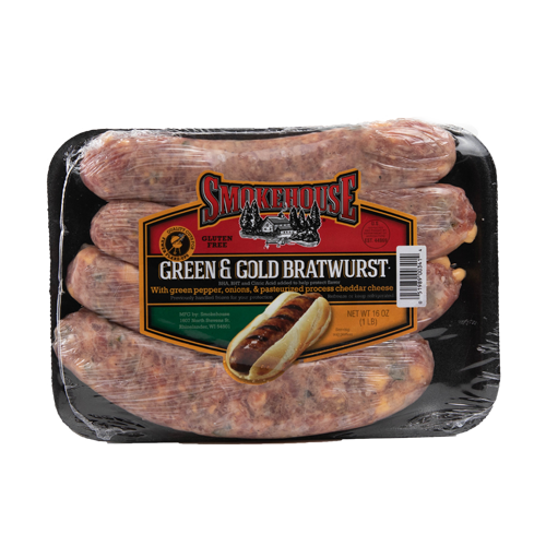 Image of the 16 oz Trig's Smokehouse Green and Gold Bratwurst package