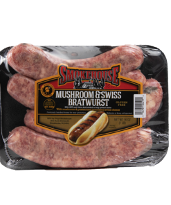 Image of the 16 oz Trig's Smokehouse Mushroom and Swiss Bratwurst package