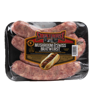 Image of the 16 oz Trig's Smokehouse Mushroom and Swiss Bratwurst package