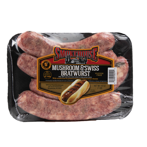 Image of the 16 oz Trig's Smokehouse Mushroom and Swiss Bratwurst package