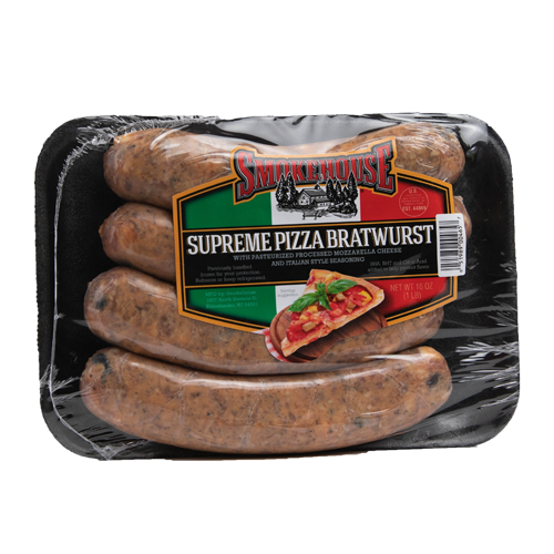 Image of the 16 oz Trig's Smokehouse Supreme Pizza Bratwurst package