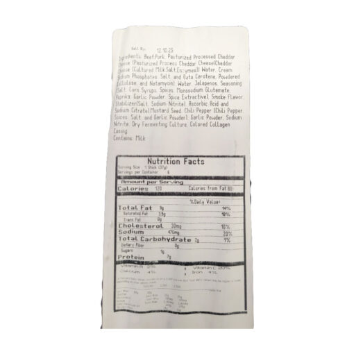 Trig's Smokehouse Jalapeno Cheddar Snack Sticks Nutrition info 8oz pkg.